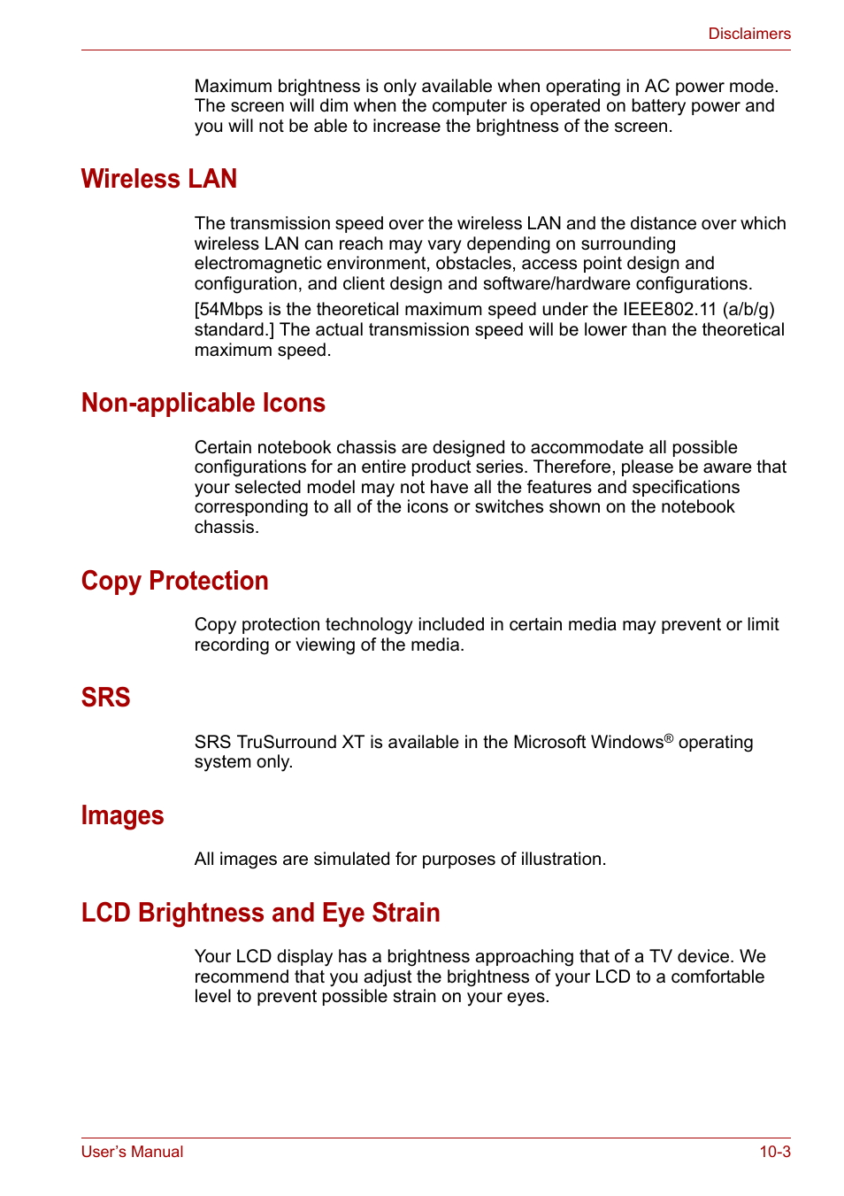 Wireless lan, Non-applicable icons, Copy protection | Images, Lcd brightness and eye strain | Toshiba Satellite A110 (PSAB0) User Manual | Page 138 / 158