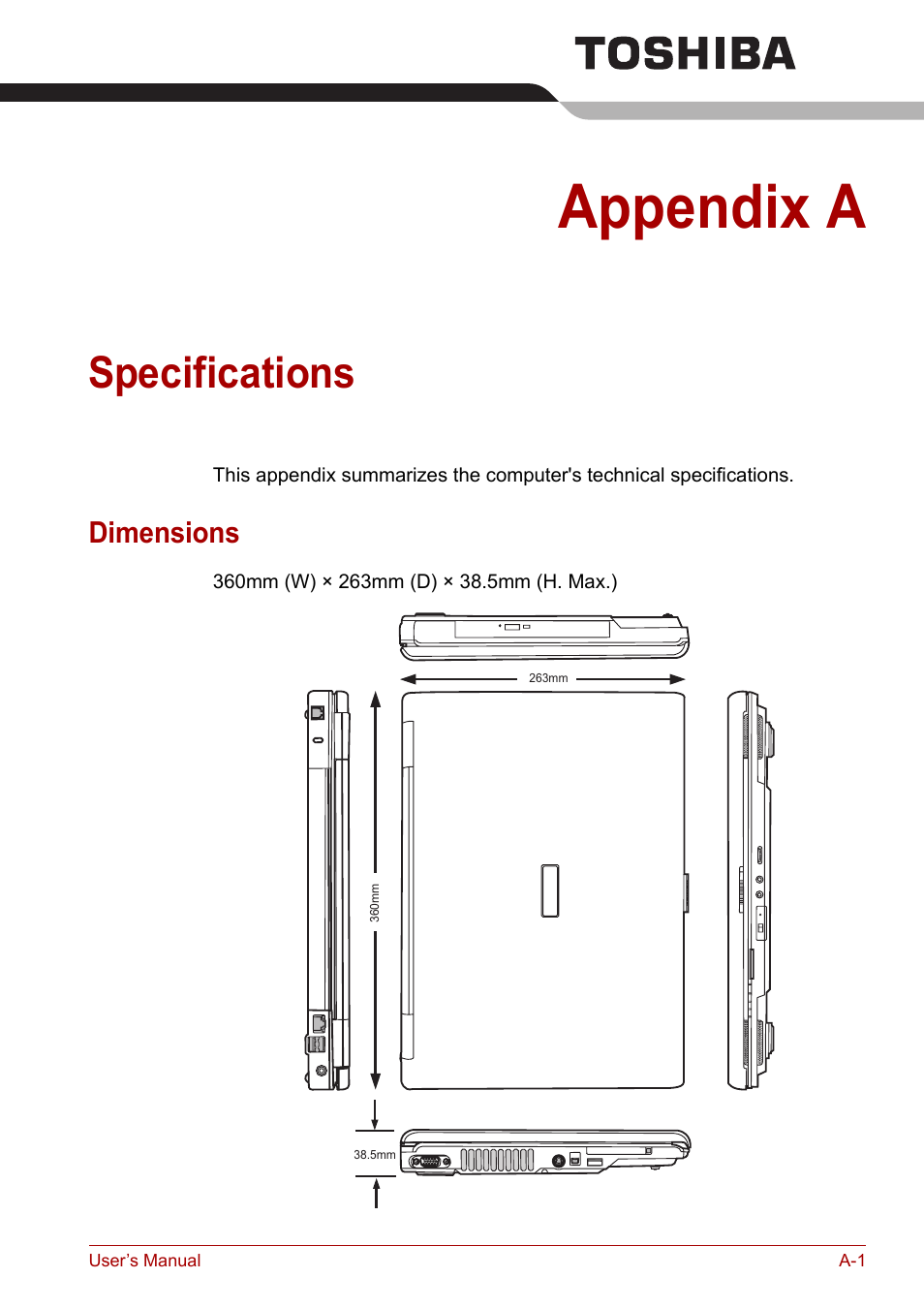 Appendix a: specifications, Appendix a, Specifications | Appendixes, Dimensions | Toshiba Satellite A110 (PSAB0) User Manual | Page 139 / 158