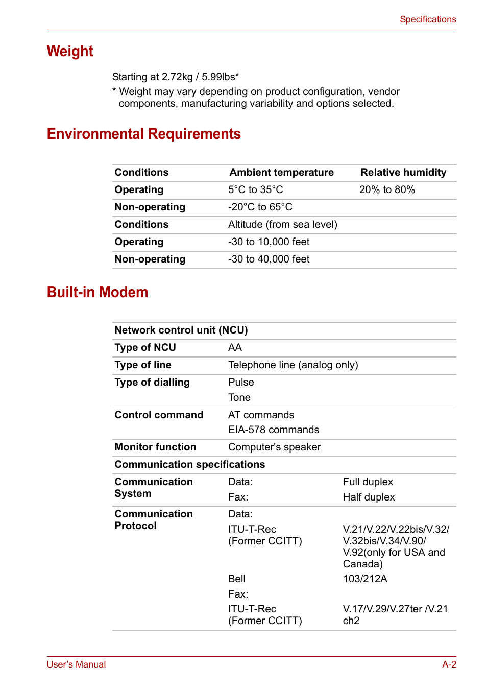 Weight, Environmental requirements built-in modem | Toshiba Satellite A110 (PSAB0) User Manual | Page 140 / 158