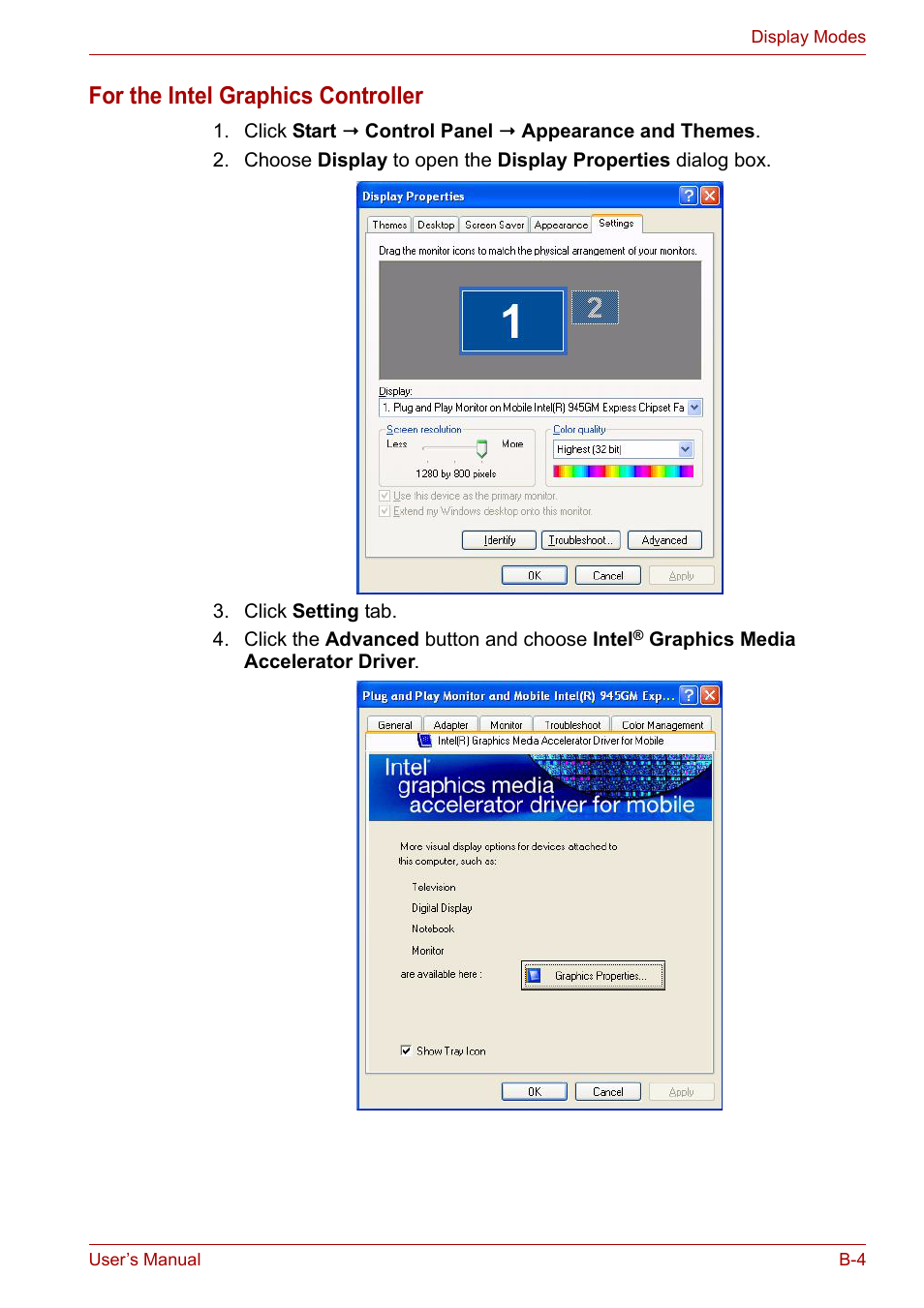 For the intel graphics controller | Toshiba Satellite A110 (PSAB0) User Manual | Page 145 / 158