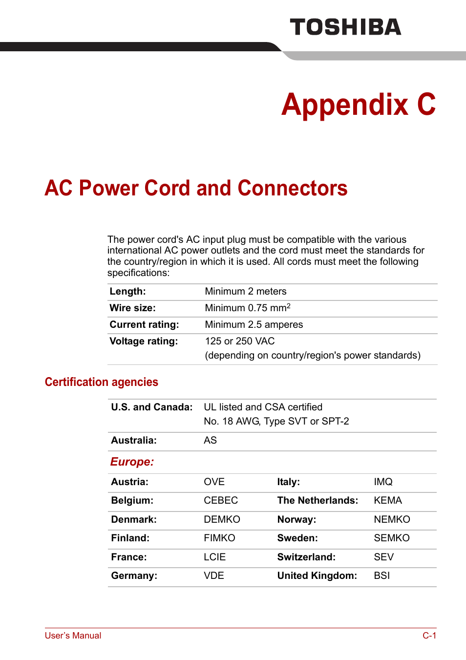 Appendix c: ac power cord and connectors, Appendix c, Ac power cord and connectors | Toshiba Satellite A110 (PSAB0) User Manual | Page 147 / 158