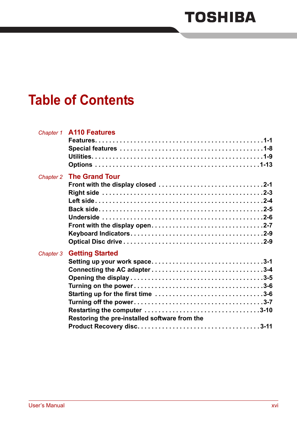 Toshiba Satellite A110 (PSAB0) User Manual | Page 16 / 158