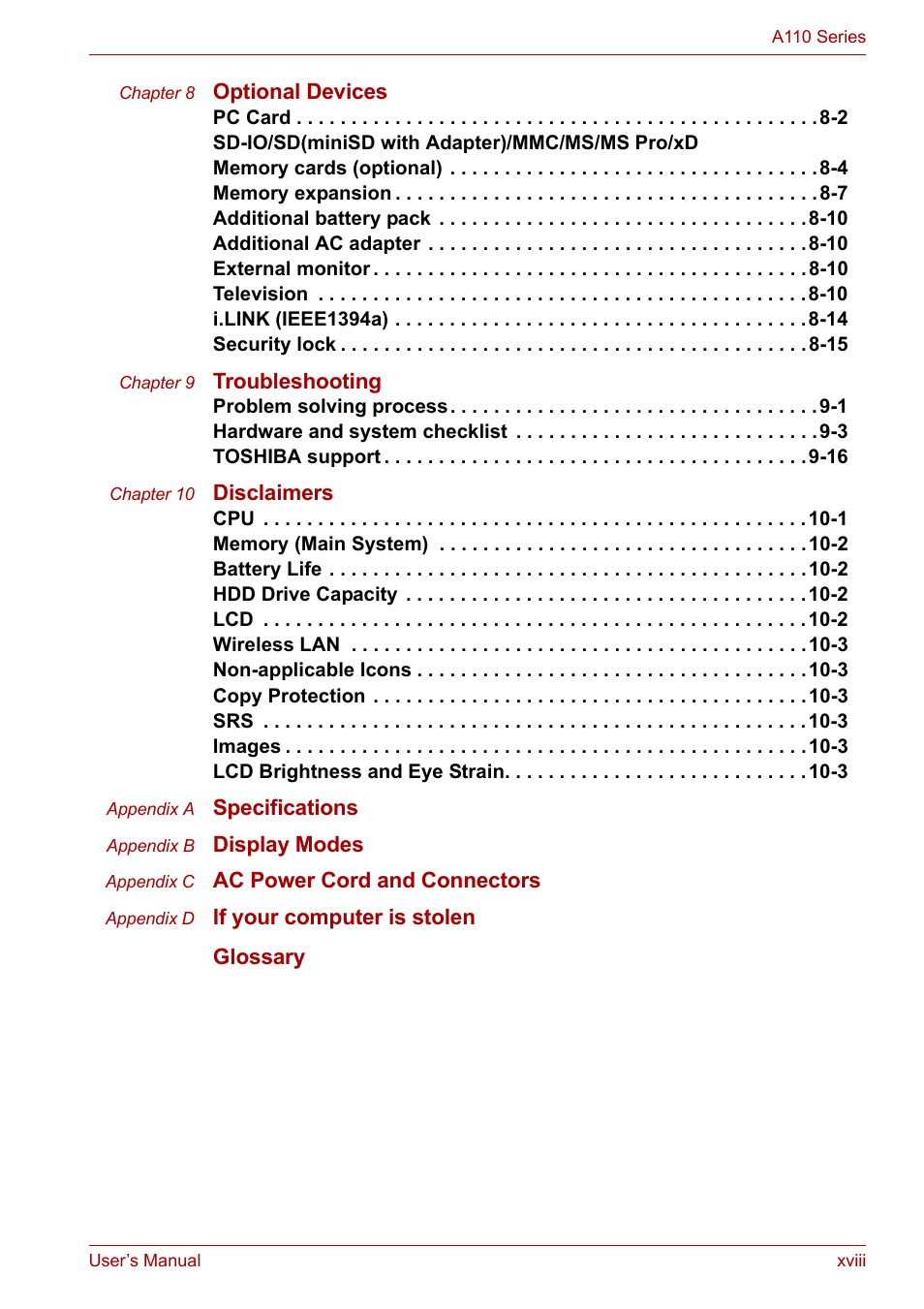 Toshiba Satellite A110 (PSAB0) User Manual | Page 18 / 158