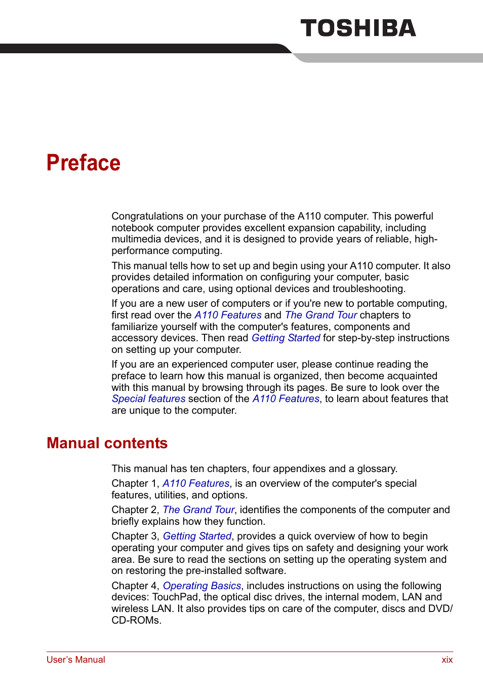 Preface, Manual contents | Toshiba Satellite A110 (PSAB0) User Manual | Page 19 / 158