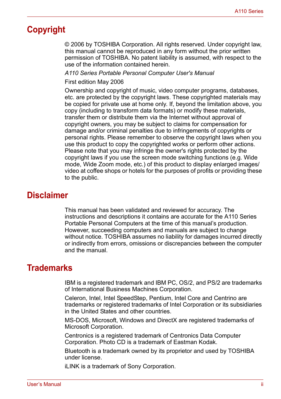 Copyright, Disclaimer, Trademarks | Toshiba Satellite A110 (PSAB0) User Manual | Page 2 / 158