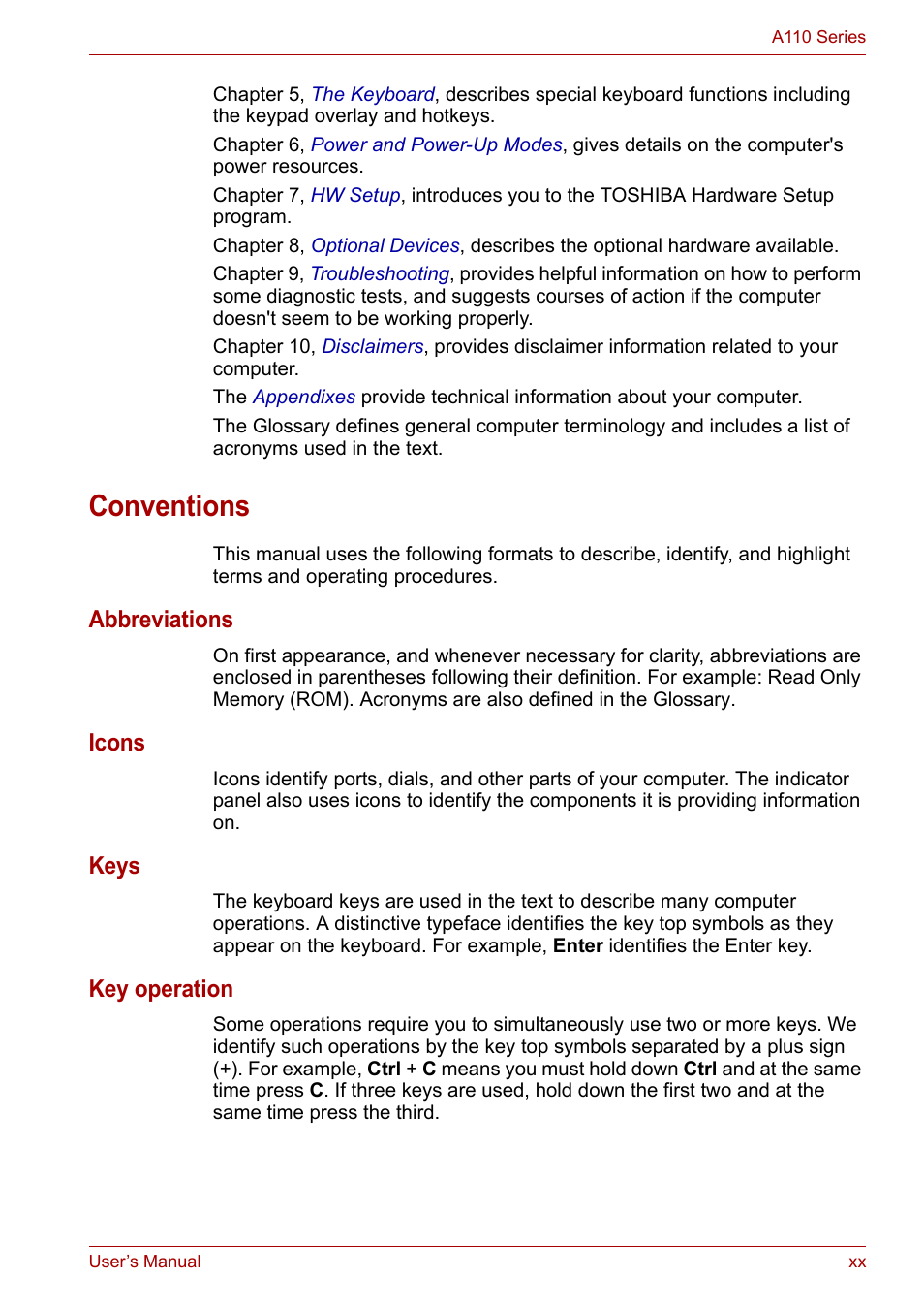 Conventions, Abbreviations, Icons | Keys, Key operation | Toshiba Satellite A110 (PSAB0) User Manual | Page 20 / 158