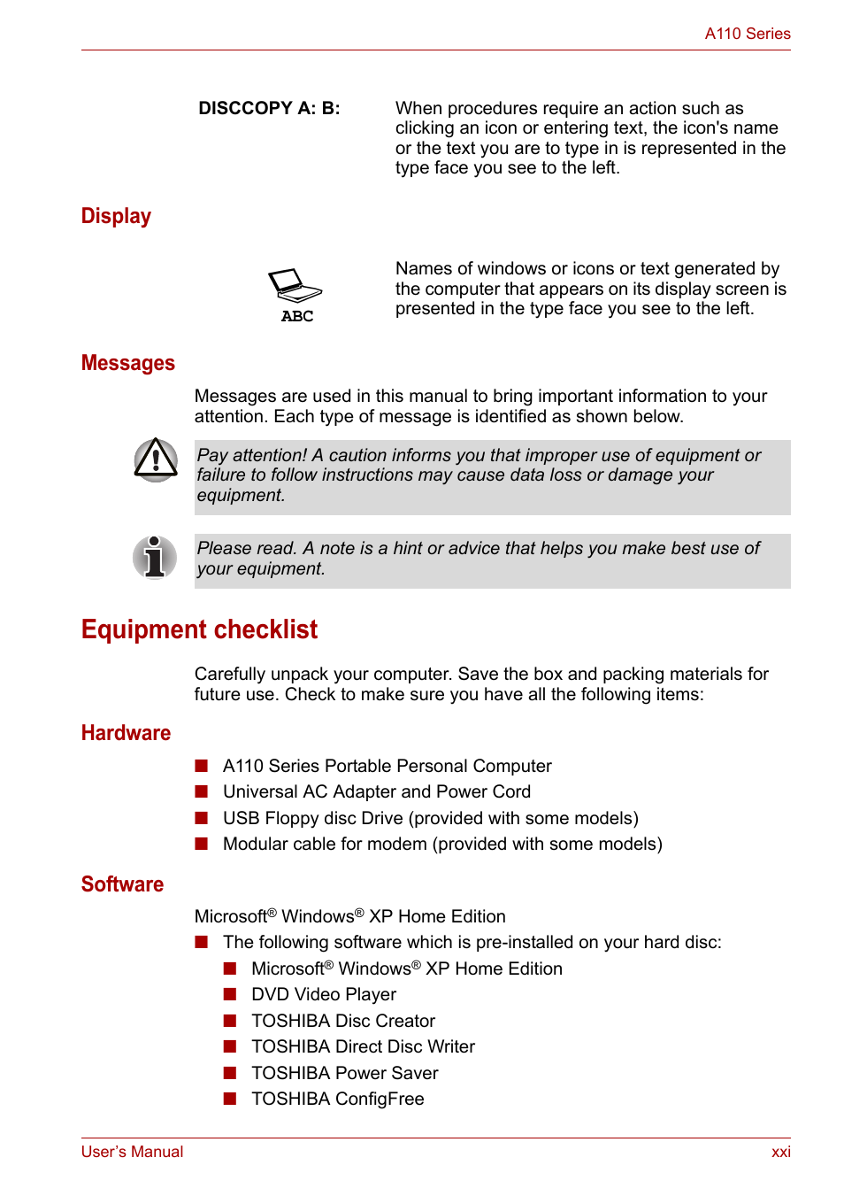 Equipment checklist, Display messages, Hardware | Software | Toshiba Satellite A110 (PSAB0) User Manual | Page 21 / 158