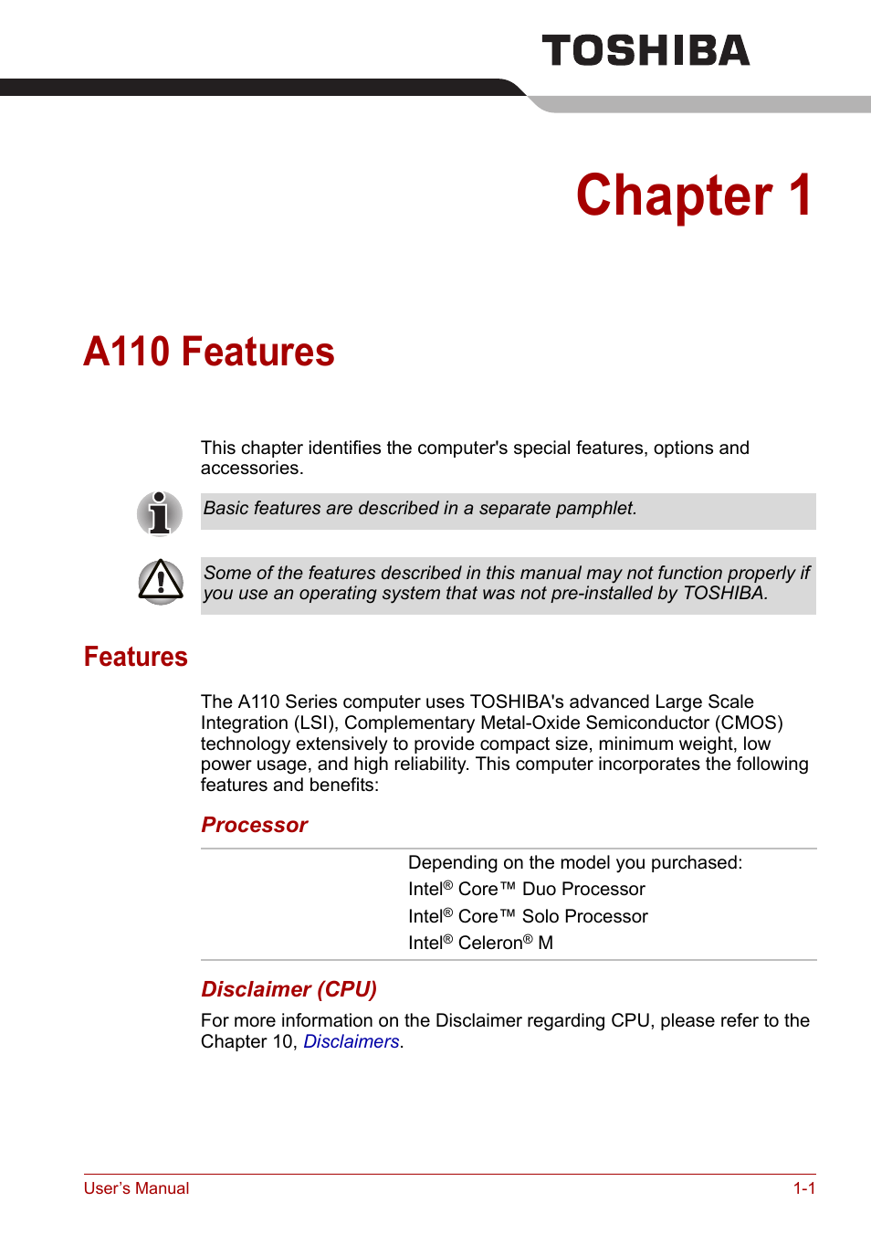 Chapter 1: a110 features, Features, Chapter 1 | A110 features, Features -1, First read over the, Section of the, To learn about features that | Toshiba Satellite A110 (PSAB0) User Manual | Page 23 / 158