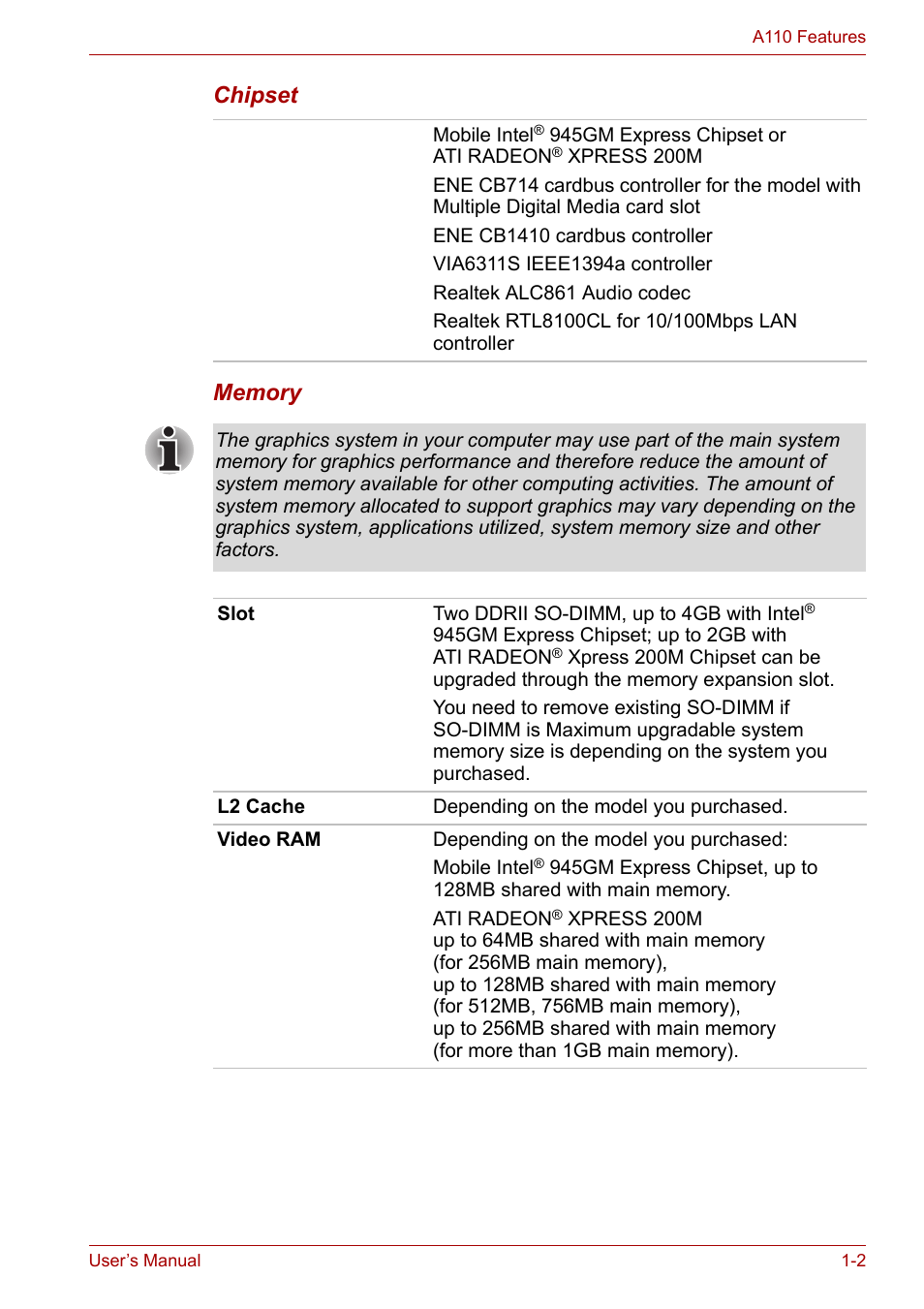 Toshiba Satellite A110 (PSAB0) User Manual | Page 24 / 158