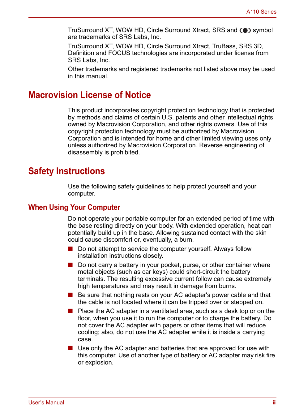 Macrovision license of notice, Safety instructions, When using your computer | Toshiba Satellite A110 (PSAB0) User Manual | Page 3 / 158