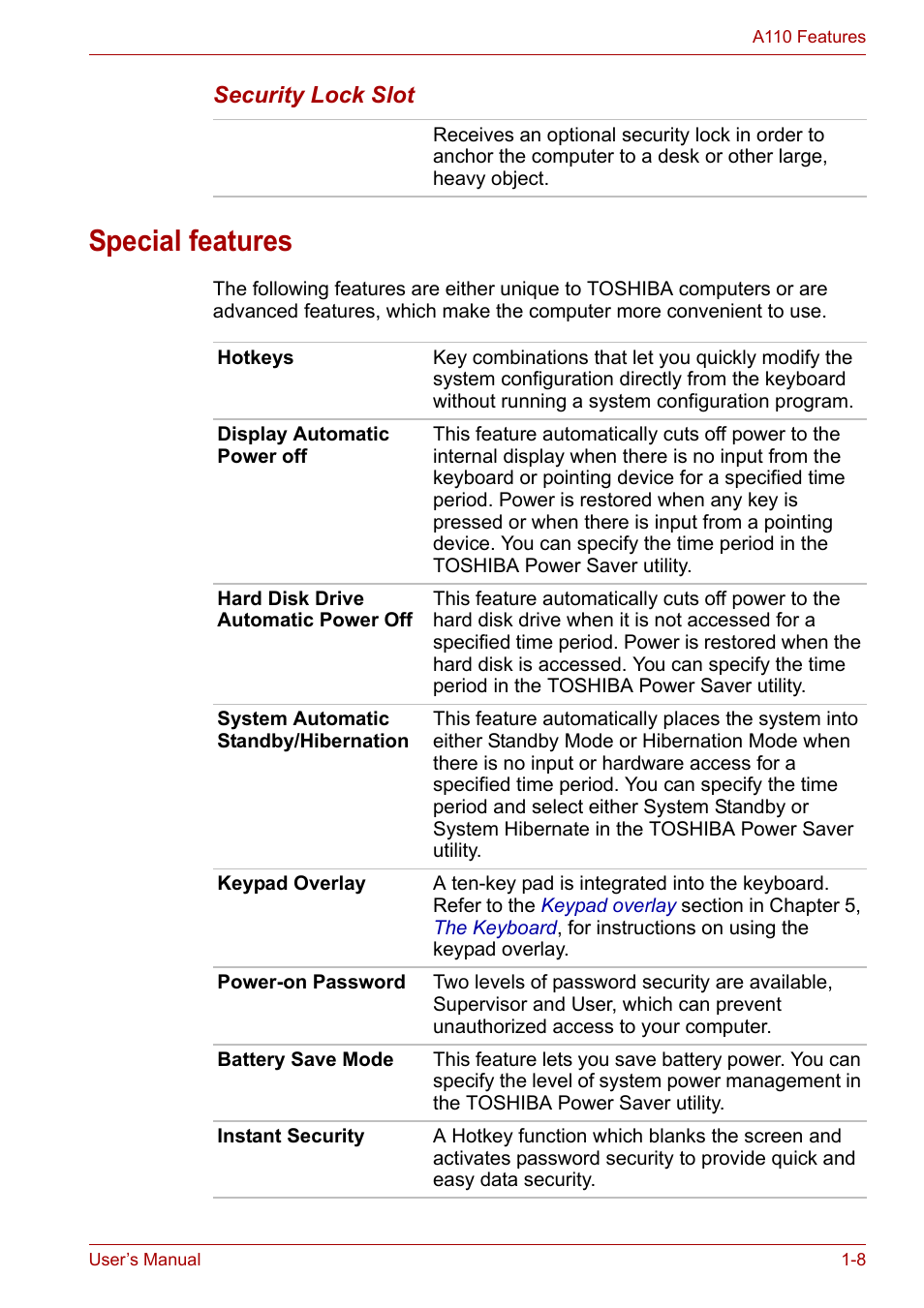 Special features, Special features -8 | Toshiba Satellite A110 (PSAB0) User Manual | Page 30 / 158