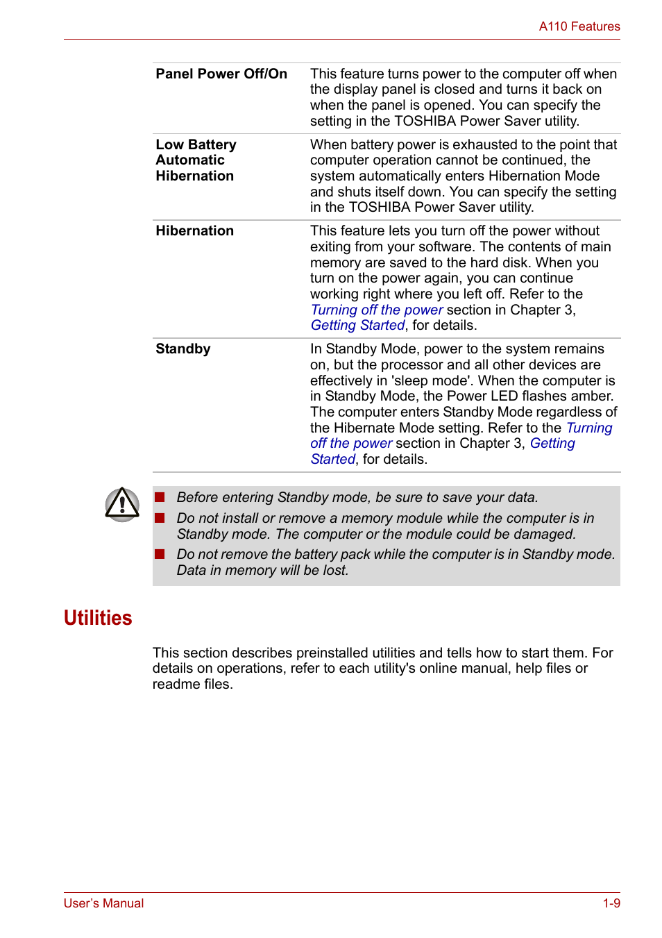 Utilities, Utilities -9 | Toshiba Satellite A110 (PSAB0) User Manual | Page 31 / 158