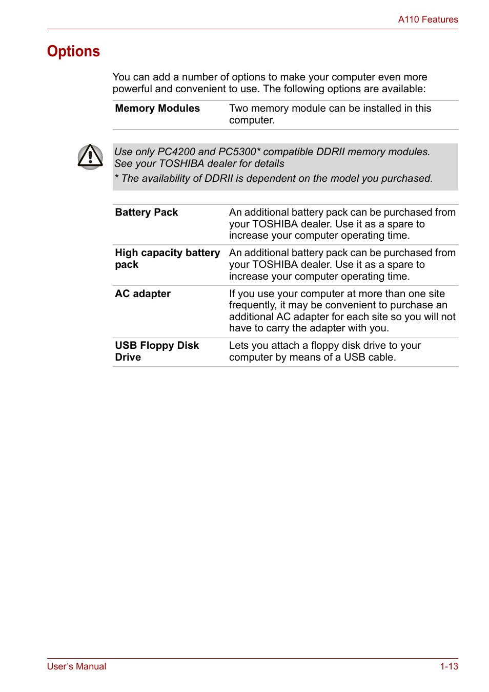 Options, Options -13 | Toshiba Satellite A110 (PSAB0) User Manual | Page 35 / 158