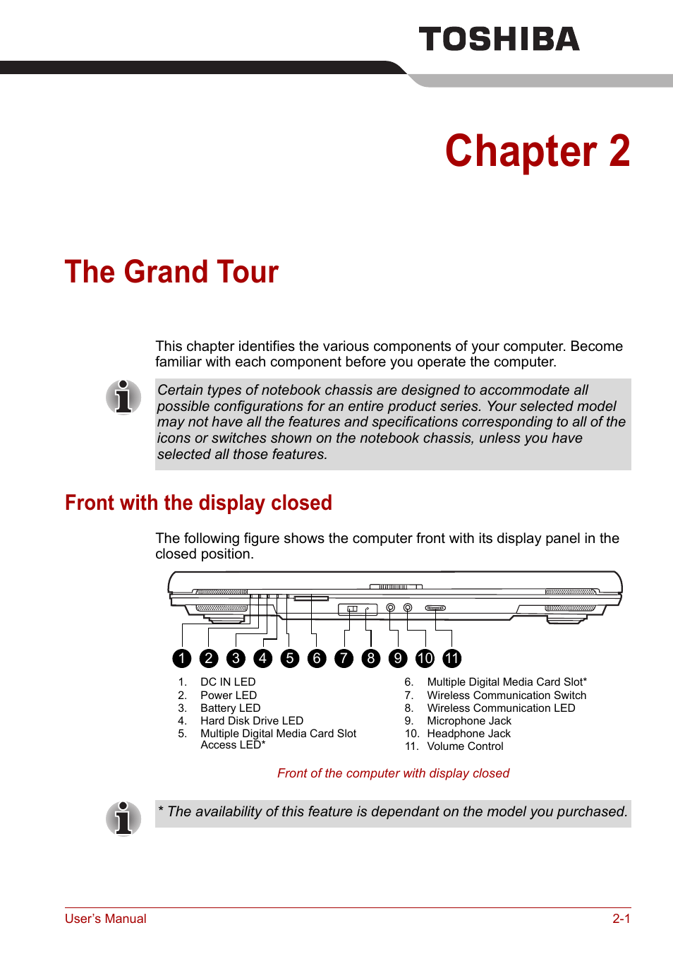 Chapter 2: the grand tour, Front with the display closed, Chapter 2 | The grand tour, Front with the display closed -1, Chapters to, Identifies the component | Toshiba Satellite A110 (PSAB0) User Manual | Page 36 / 158