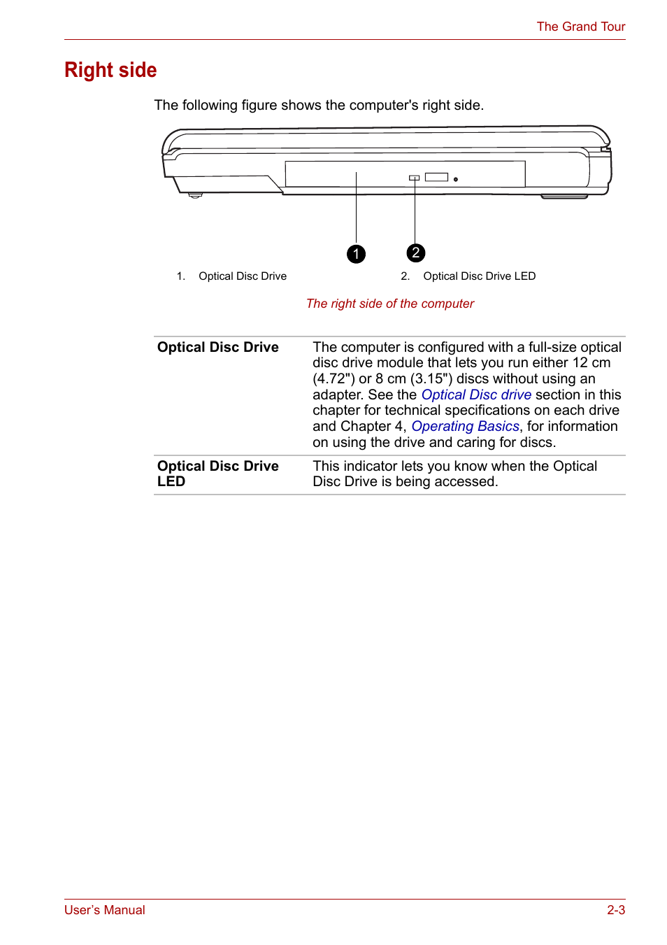 Right side, Right side -3 | Toshiba Satellite A110 (PSAB0) User Manual | Page 38 / 158