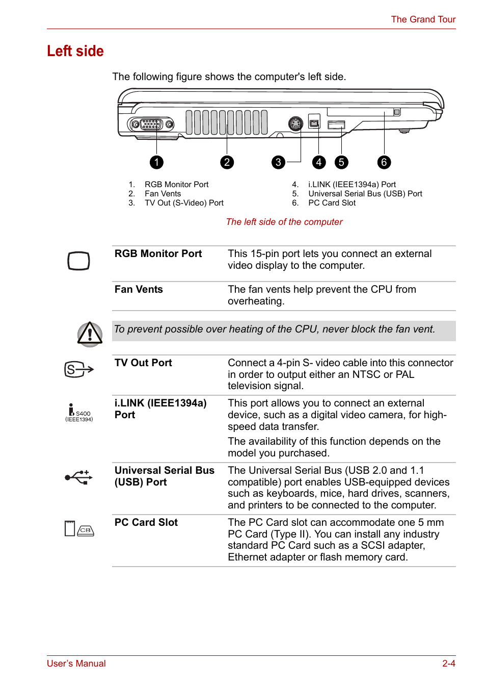 Left side, Left side -4 | Toshiba Satellite A110 (PSAB0) User Manual | Page 39 / 158