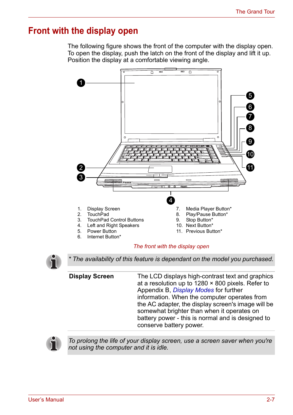 Front with the display open, Front with the display open -7 | Toshiba Satellite A110 (PSAB0) User Manual | Page 42 / 158