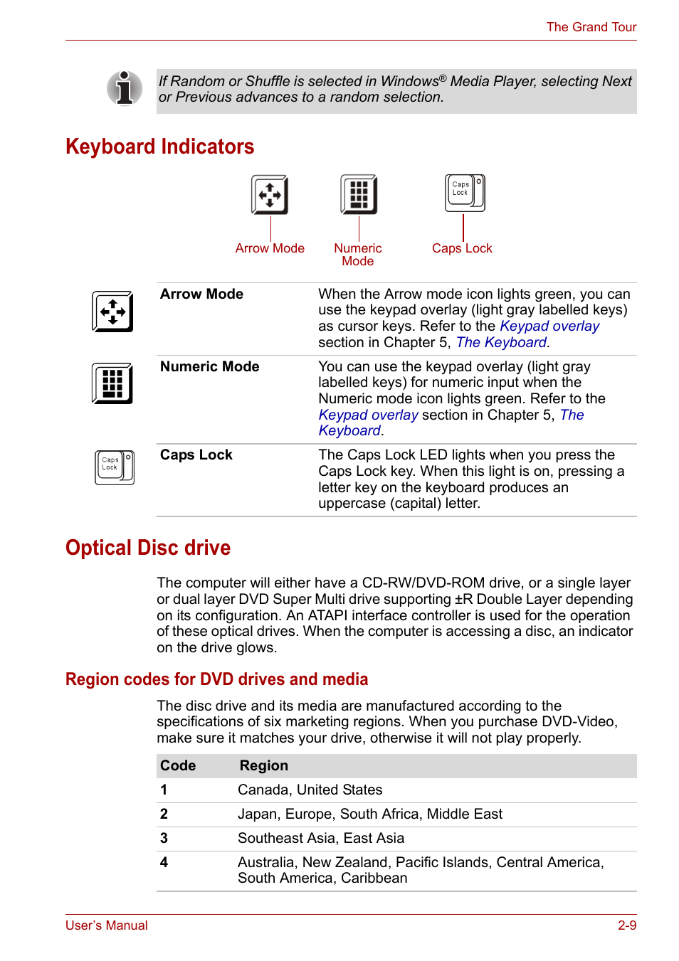 Keyboard indicators, Optical disc drive, Keyboard indicators -9 optical disc drive -9 | See the, Keyboard indicators optical disc drive, Region codes for dvd drives and media | Toshiba Satellite A110 (PSAB0) User Manual | Page 44 / 158