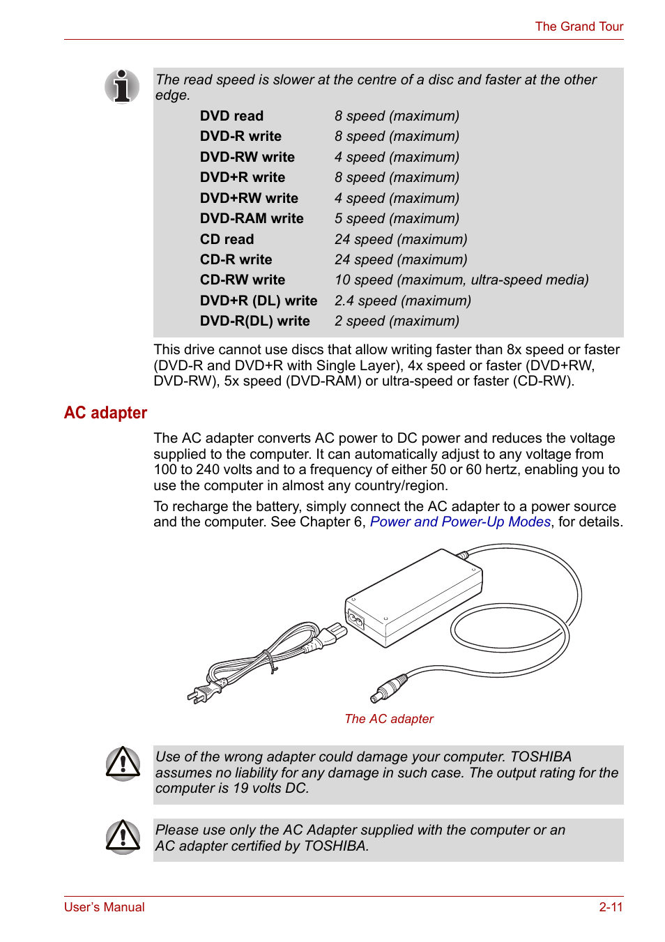 Ac adapter | Toshiba Satellite A110 (PSAB0) User Manual | Page 46 / 158