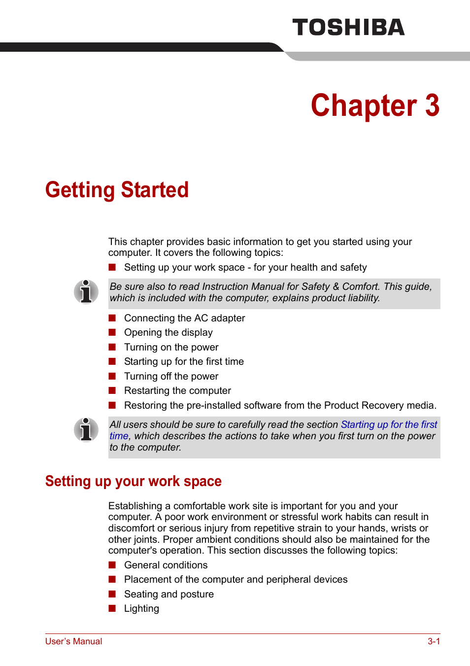 Chapter 3: getting started, Setting up your work space, Chapter 3 | Getting started, Setting up your work space -1, Accessory devices. then read, Getting, Started | Toshiba Satellite A110 (PSAB0) User Manual | Page 47 / 158