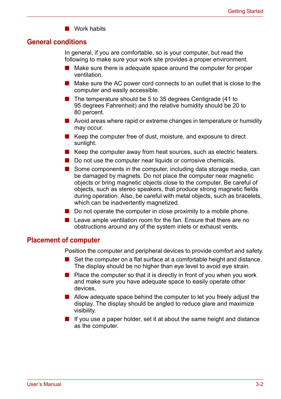 General conditions, Placement of computer | Toshiba Satellite A110 (PSAB0) User Manual | Page 48 / 158