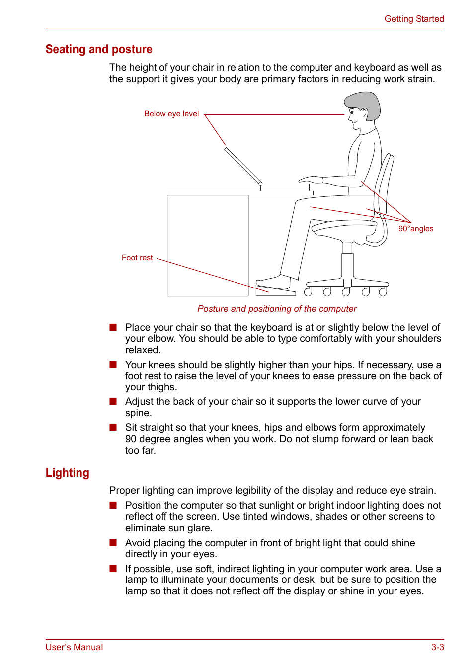 Seating and posture, Lighting | Toshiba Satellite A110 (PSAB0) User Manual | Page 49 / 158