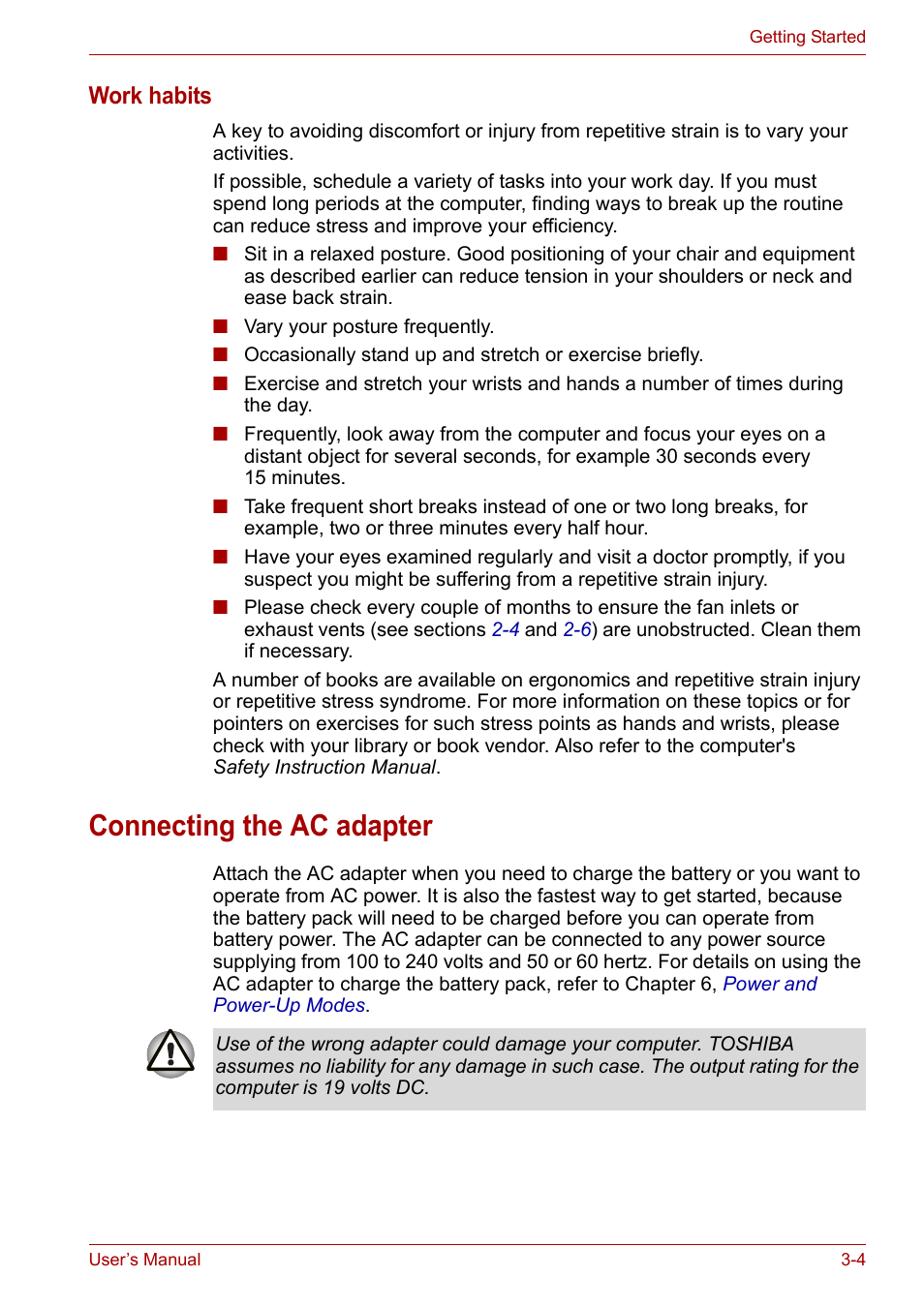 Connecting the ac adapter, Connecting the ac adapter -4, Work habits | Toshiba Satellite A110 (PSAB0) User Manual | Page 50 / 158