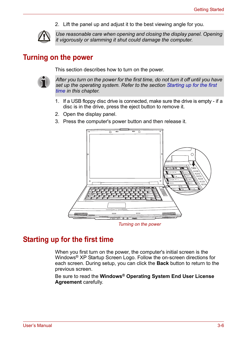 Turning on the power, Starting up for the first time, Starting up for the first | Time | Toshiba Satellite A110 (PSAB0) User Manual | Page 52 / 158