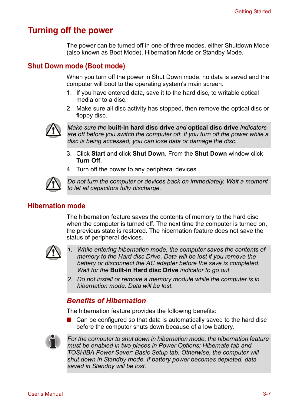 Turning off the power, Turning off the power -7, To the | Turning, Off the power, Shut down mode (boot mode), Hibernation mode | Toshiba Satellite A110 (PSAB0) User Manual | Page 53 / 158