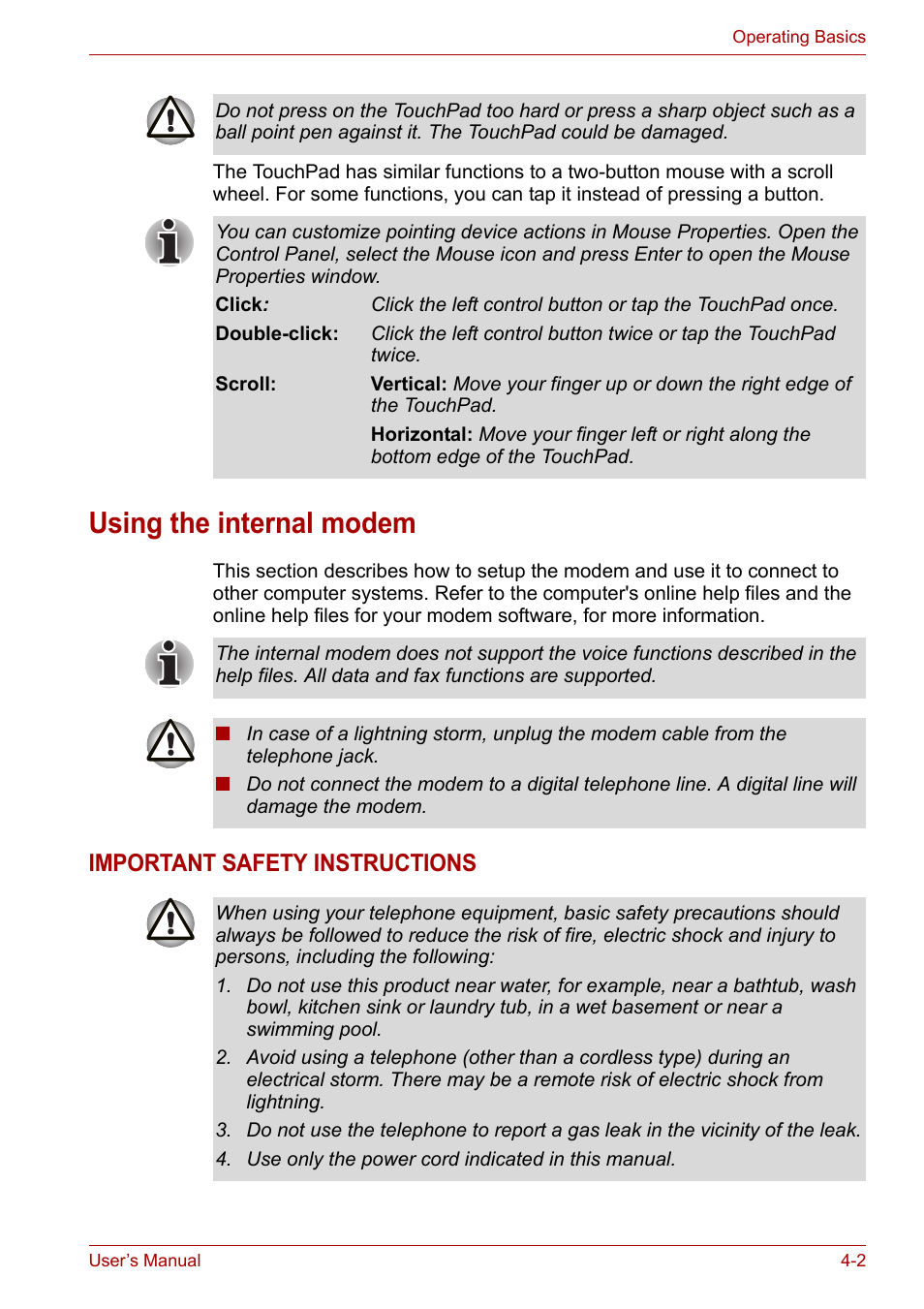 Using the internal modem, Using the internal modem -2, Refer to the | Using the internal, Modem, Important safety instructions | Toshiba Satellite A110 (PSAB0) User Manual | Page 59 / 158