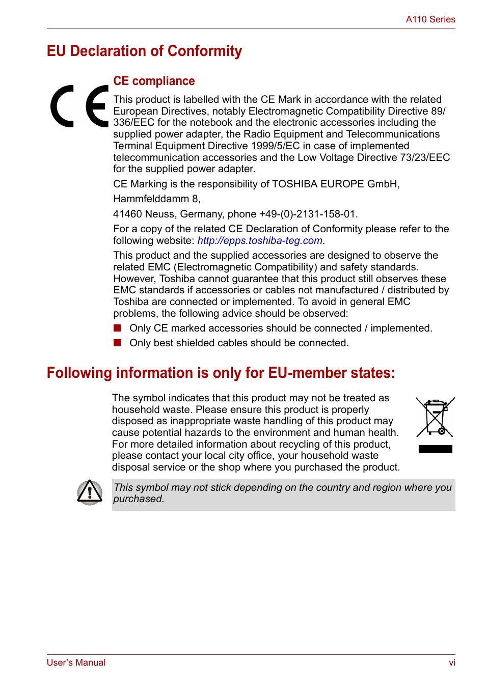 Ce compliance | Toshiba Satellite A110 (PSAB0) User Manual | Page 6 / 158