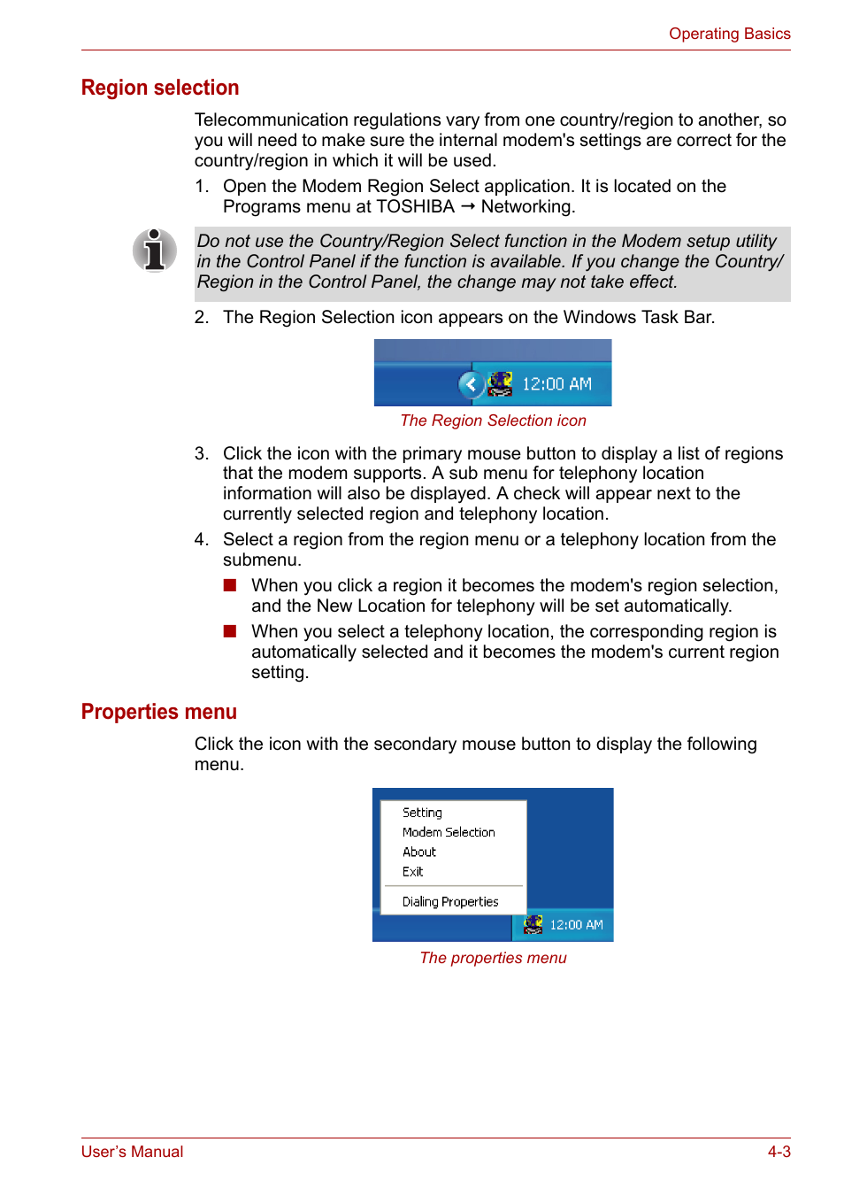 Region selection, Properties menu | Toshiba Satellite A110 (PSAB0) User Manual | Page 60 / 158