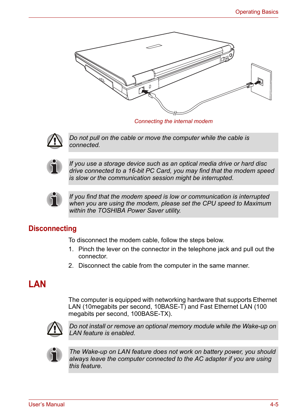 Lan -5, Disconnecting | Toshiba Satellite A110 (PSAB0) User Manual | Page 62 / 158