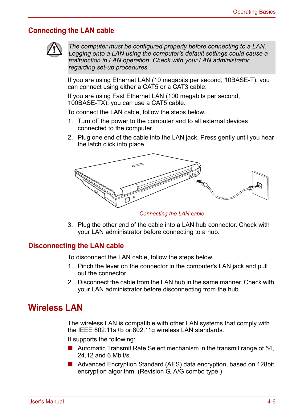 Wireless lan, Wireless lan -6, Connecting the lan cable | Disconnecting the lan cable | Toshiba Satellite A110 (PSAB0) User Manual | Page 63 / 158