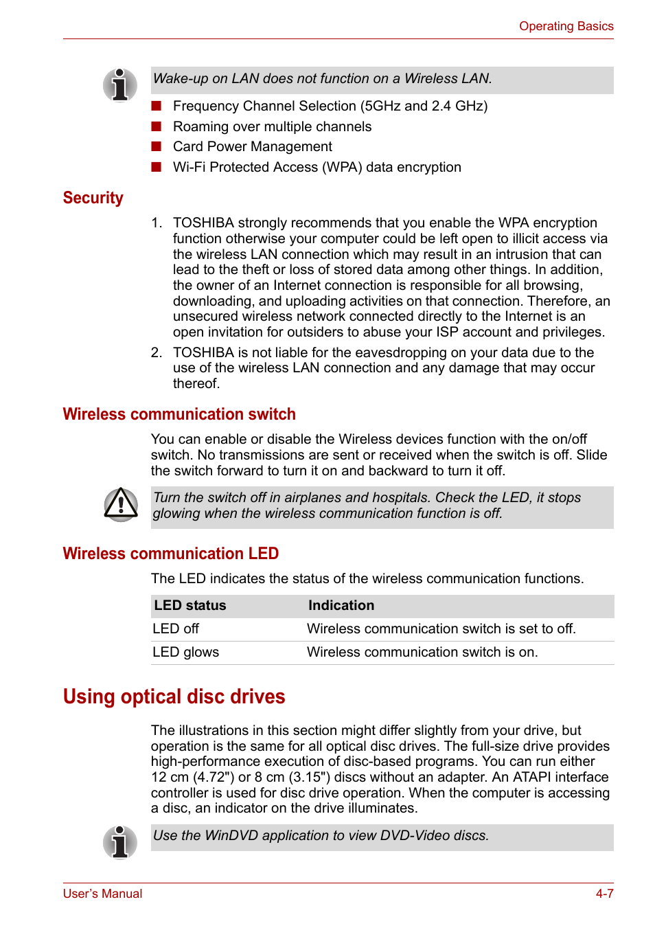 Using optical disc drives, Using optical disc drives -7, Security | Wireless communication switch, Wireless communication led | Toshiba Satellite A110 (PSAB0) User Manual | Page 64 / 158