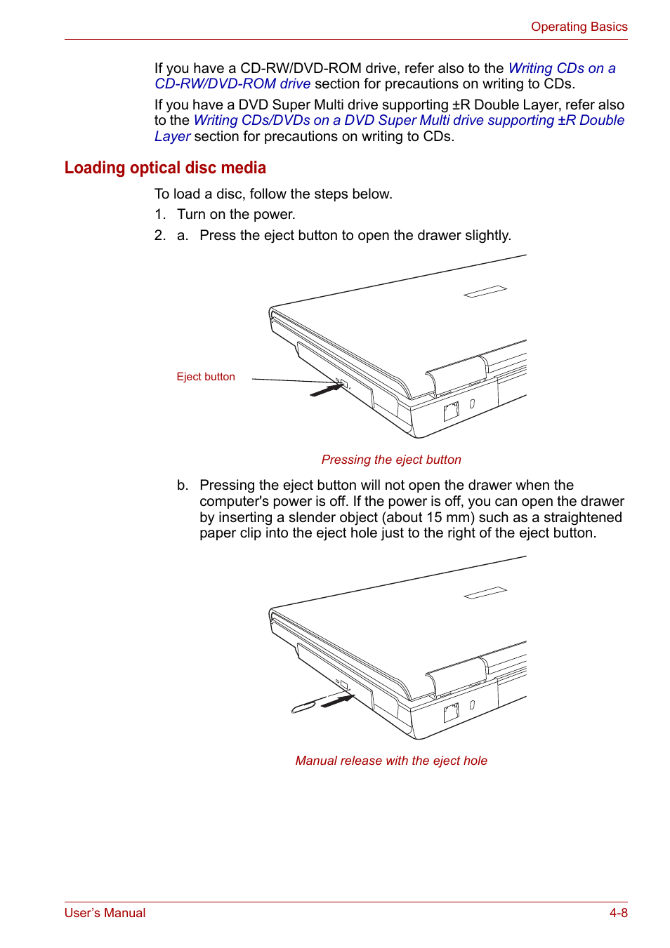 Loading optical disc media | Toshiba Satellite A110 (PSAB0) User Manual | Page 65 / 158