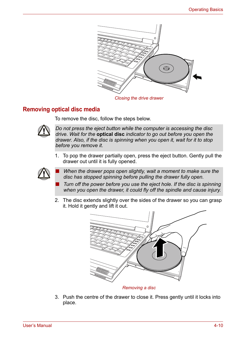 Removing optical disc media | Toshiba Satellite A110 (PSAB0) User Manual | Page 67 / 158