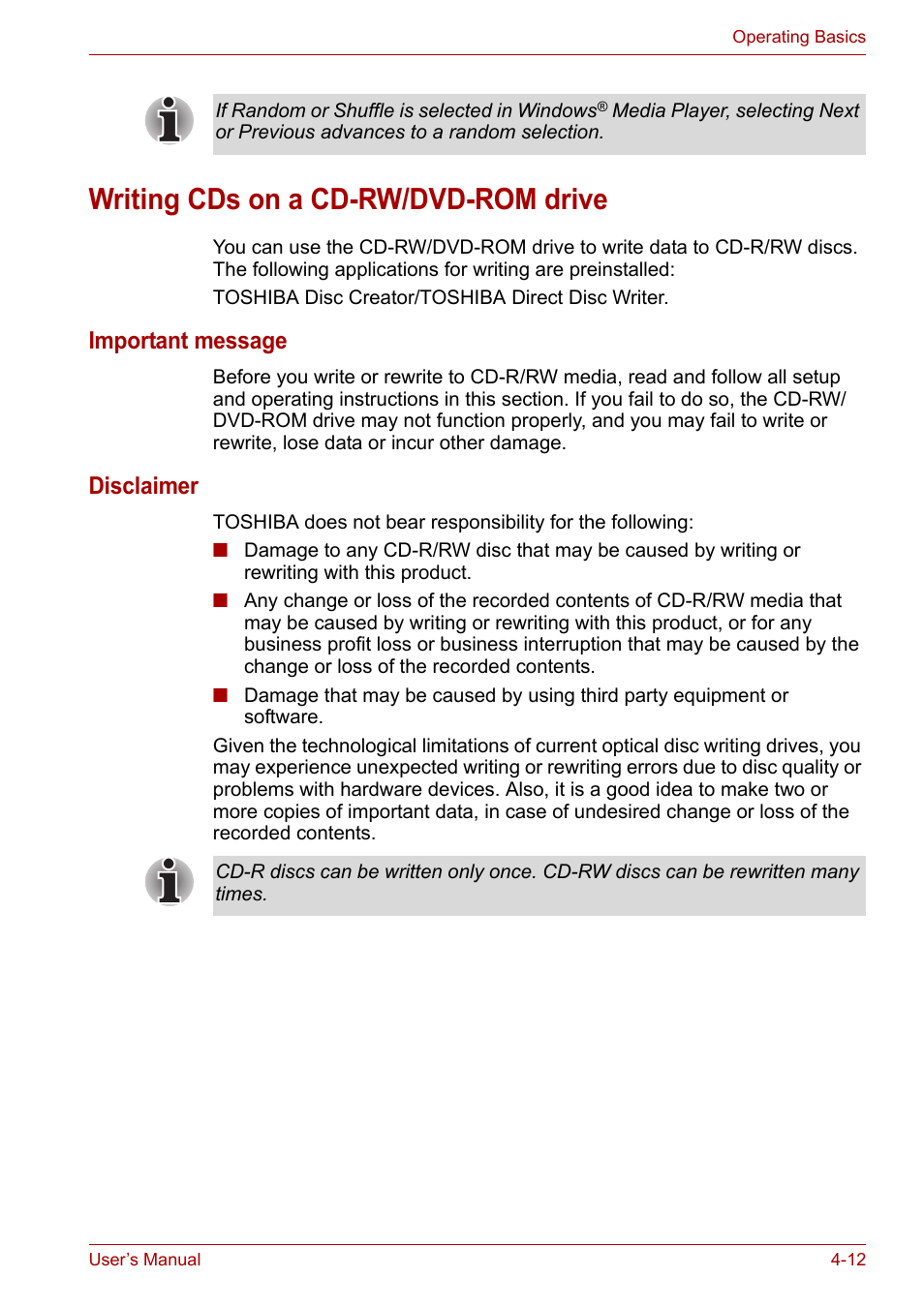 Writing cds on a cd-rw/dvd-rom drive, Writing cds on a cd-rw/dvd-rom drive -12, Writing cds on a | Cd-rw/dvd-rom drive, Section, Important message, Disclaimer | Toshiba Satellite A110 (PSAB0) User Manual | Page 69 / 158