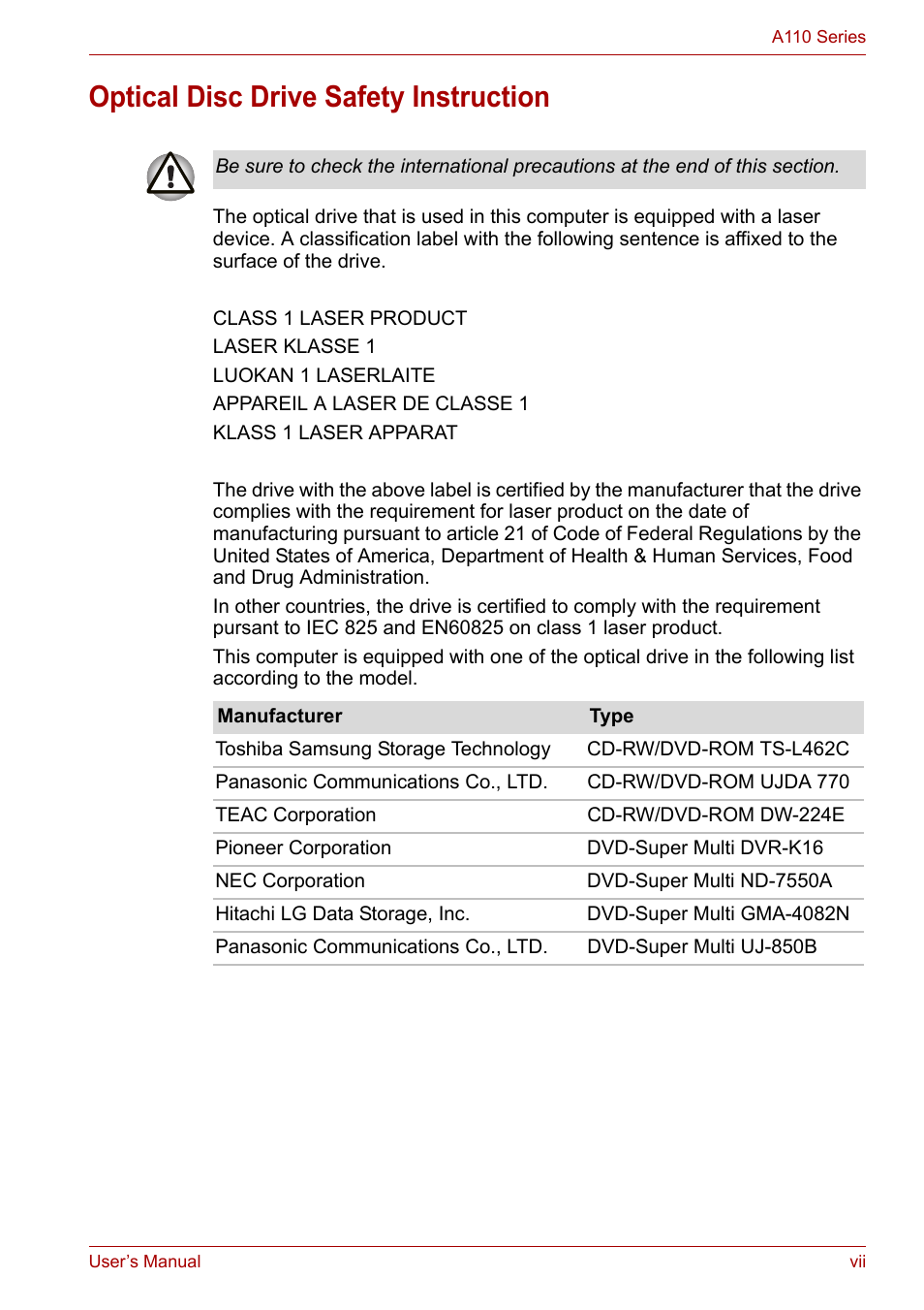 Optical disc drive safety instruction | Toshiba Satellite A110 (PSAB0) User Manual | Page 7 / 158