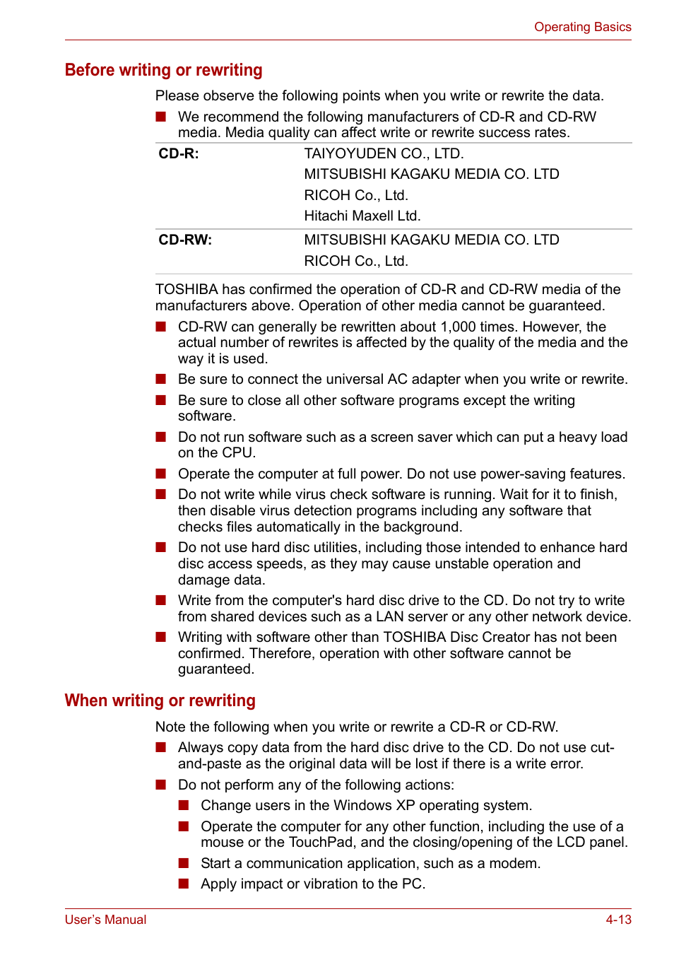 Before writing or rewriting, When writing or rewriting | Toshiba Satellite A110 (PSAB0) User Manual | Page 70 / 158