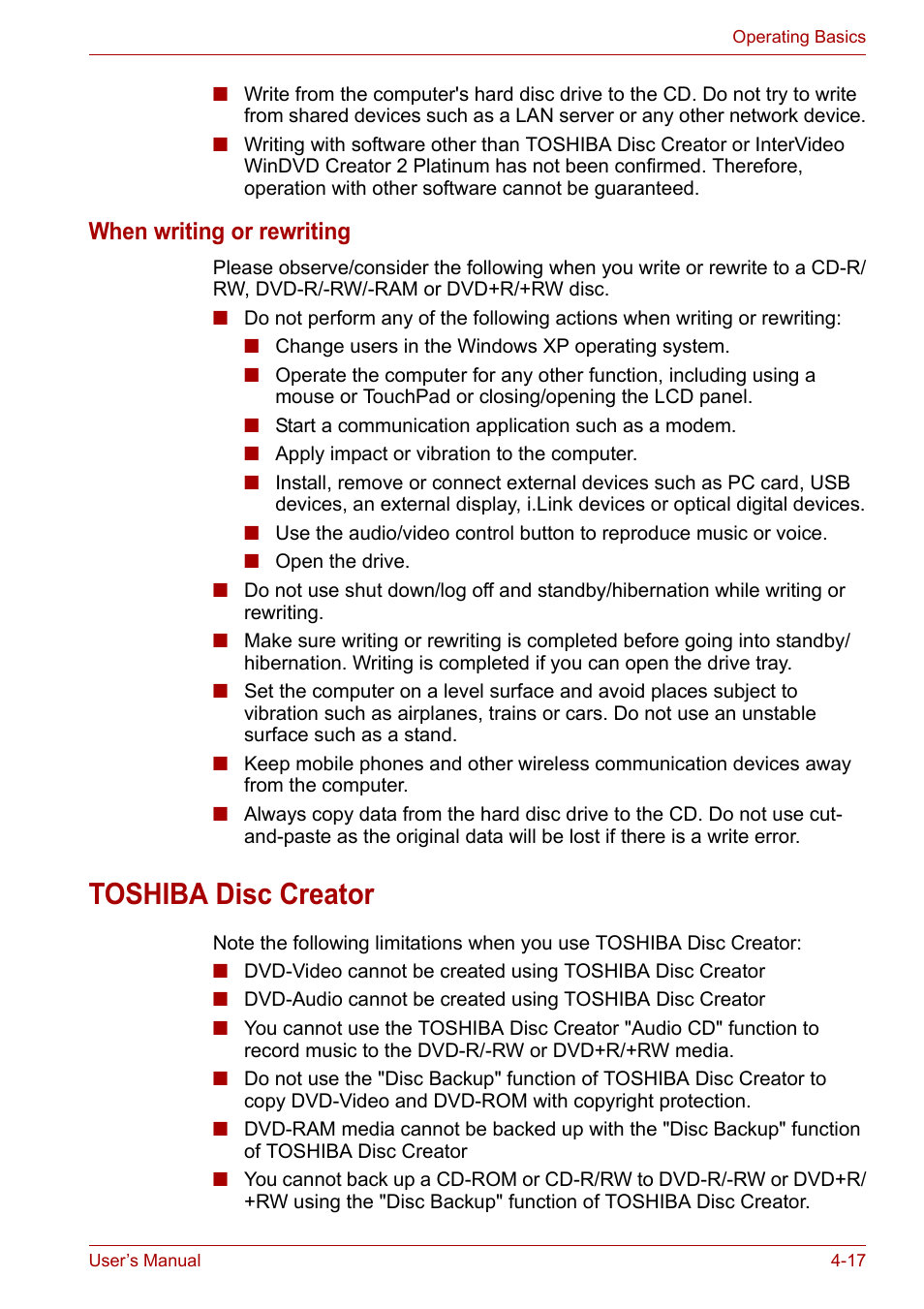 Toshiba disc creator, Toshiba disc creator -17, When writing or rewriting | Toshiba Satellite A110 (PSAB0) User Manual | Page 74 / 158