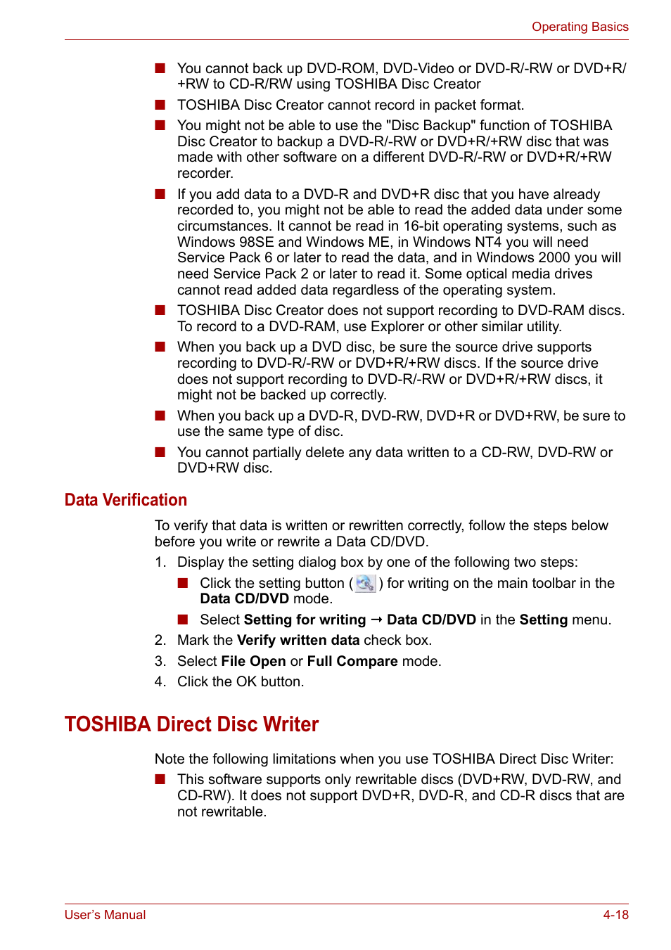 Toshiba direct disc writer, Toshiba direct disc writer -18, Data verification | Toshiba Satellite A110 (PSAB0) User Manual | Page 75 / 158