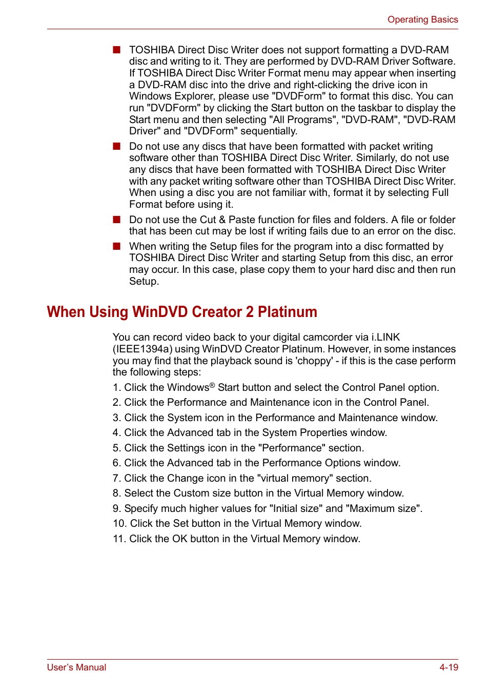 When using windvd creator 2 platinum, When using windvd creator 2 platinum -19 | Toshiba Satellite A110 (PSAB0) User Manual | Page 76 / 158