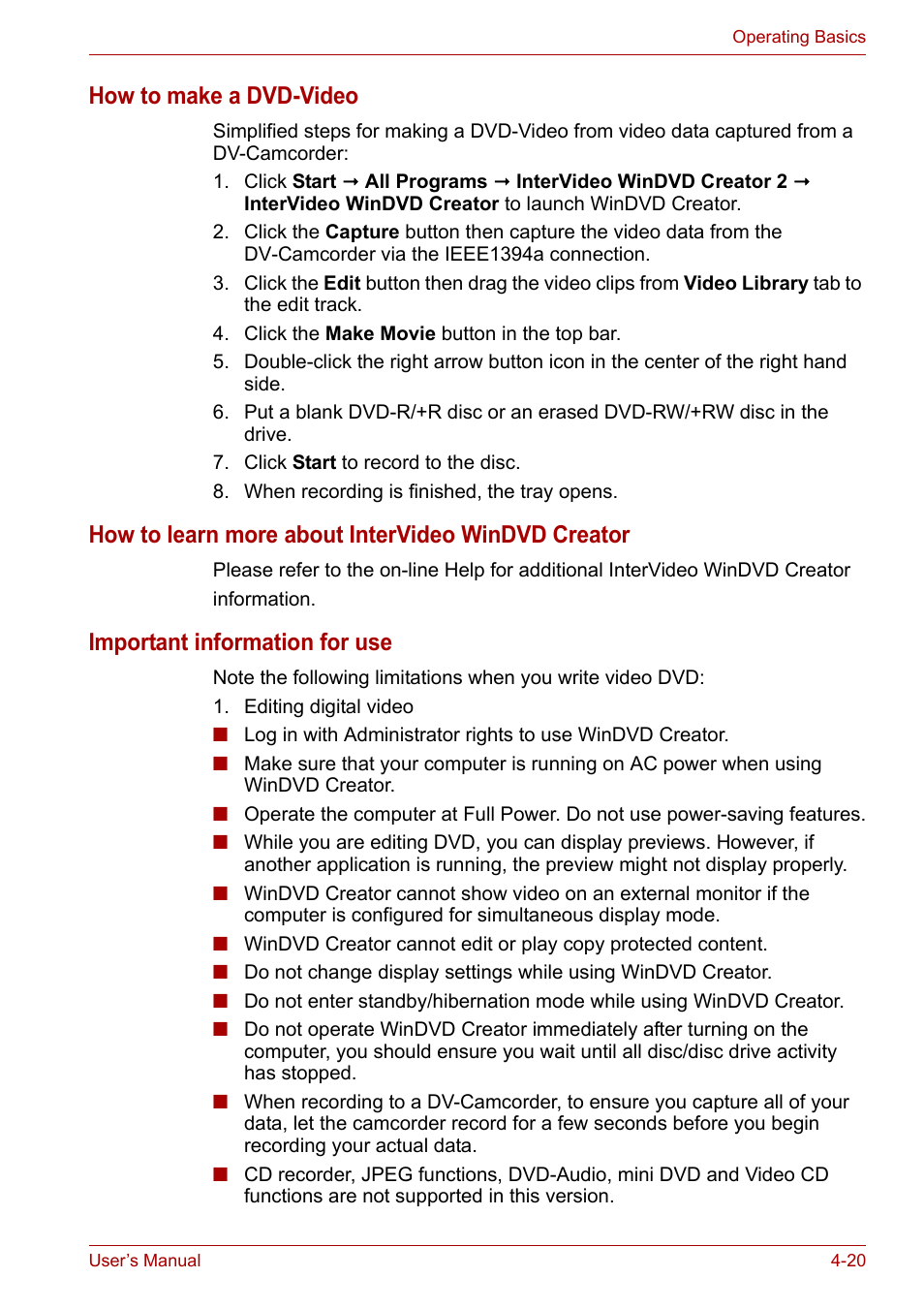 How to make a dvd-video, How to learn more about intervideo windvd creator, Important information for use | Toshiba Satellite A110 (PSAB0) User Manual | Page 77 / 158