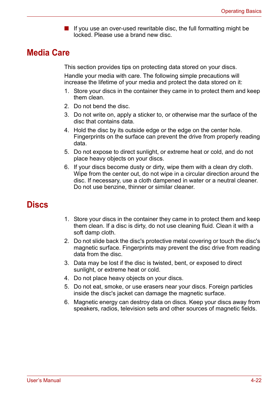 Media care, Discs, Media care -22 discs -22 | Toshiba Satellite A110 (PSAB0) User Manual | Page 79 / 158