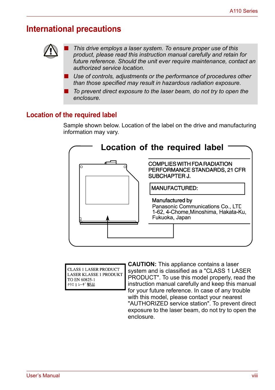 International precautions, Location of the required label | Toshiba Satellite A110 (PSAB0) User Manual | Page 8 / 158