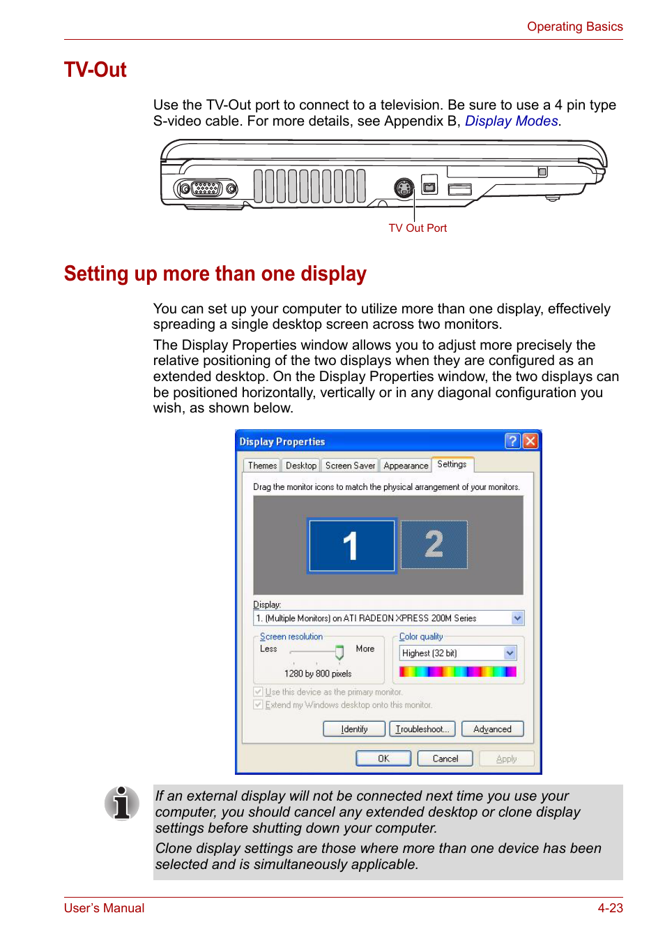 Tv-out, Setting up more than one display, Tv-out -23 setting up more than one display -23 | Toshiba Satellite A110 (PSAB0) User Manual | Page 80 / 158