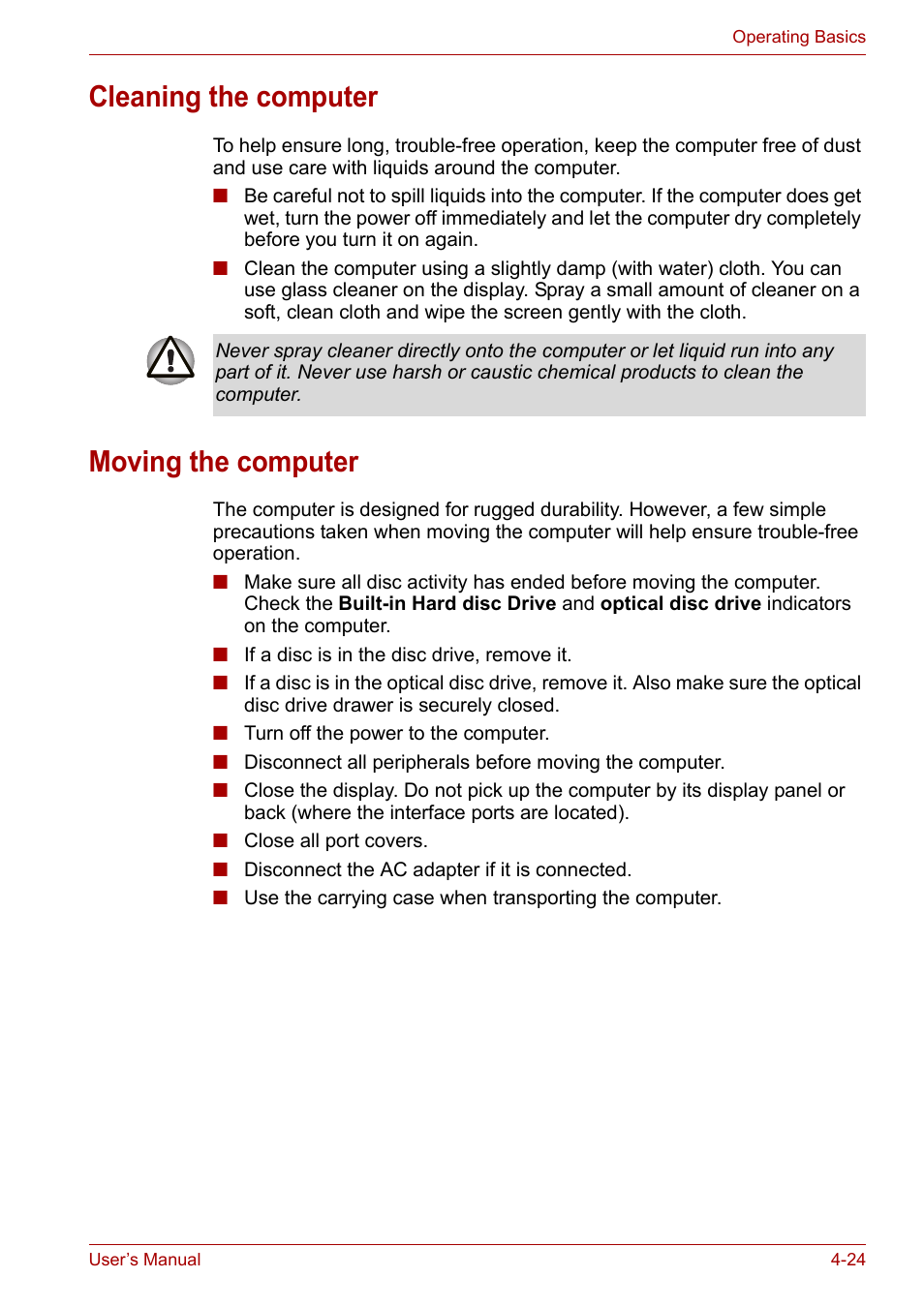 Cleaning the computer, Moving the computer, Cleaning the computer -24 moving the computer -24 | Toshiba Satellite A110 (PSAB0) User Manual | Page 81 / 158