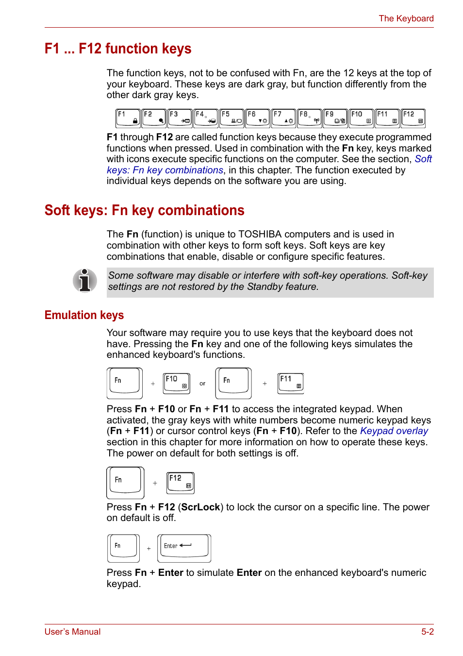 F1 ... f12 function keys, Soft keys: fn key combinations, Emulation keys | Toshiba Satellite A110 (PSAB0) User Manual | Page 83 / 158