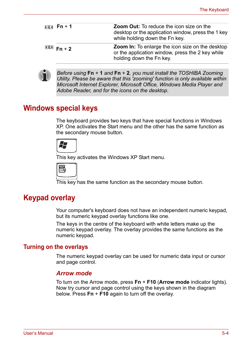 Windows special keys, Keypad overlay, Windows special keys -4 keypad overlay -4 | Toshiba Satellite A110 (PSAB0) User Manual | Page 85 / 158